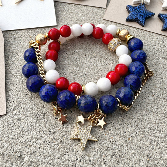 Liberty Glow Wrap Bracelet by MEKZ Studio, red and white jade with lapis lazuli beads and a pave star charm