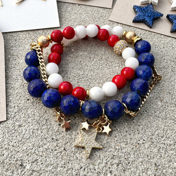 Liberty Glow Wrap Bracelet by MEKZ Studio, red and white jade with lapis lazuli beads and a pave star charm