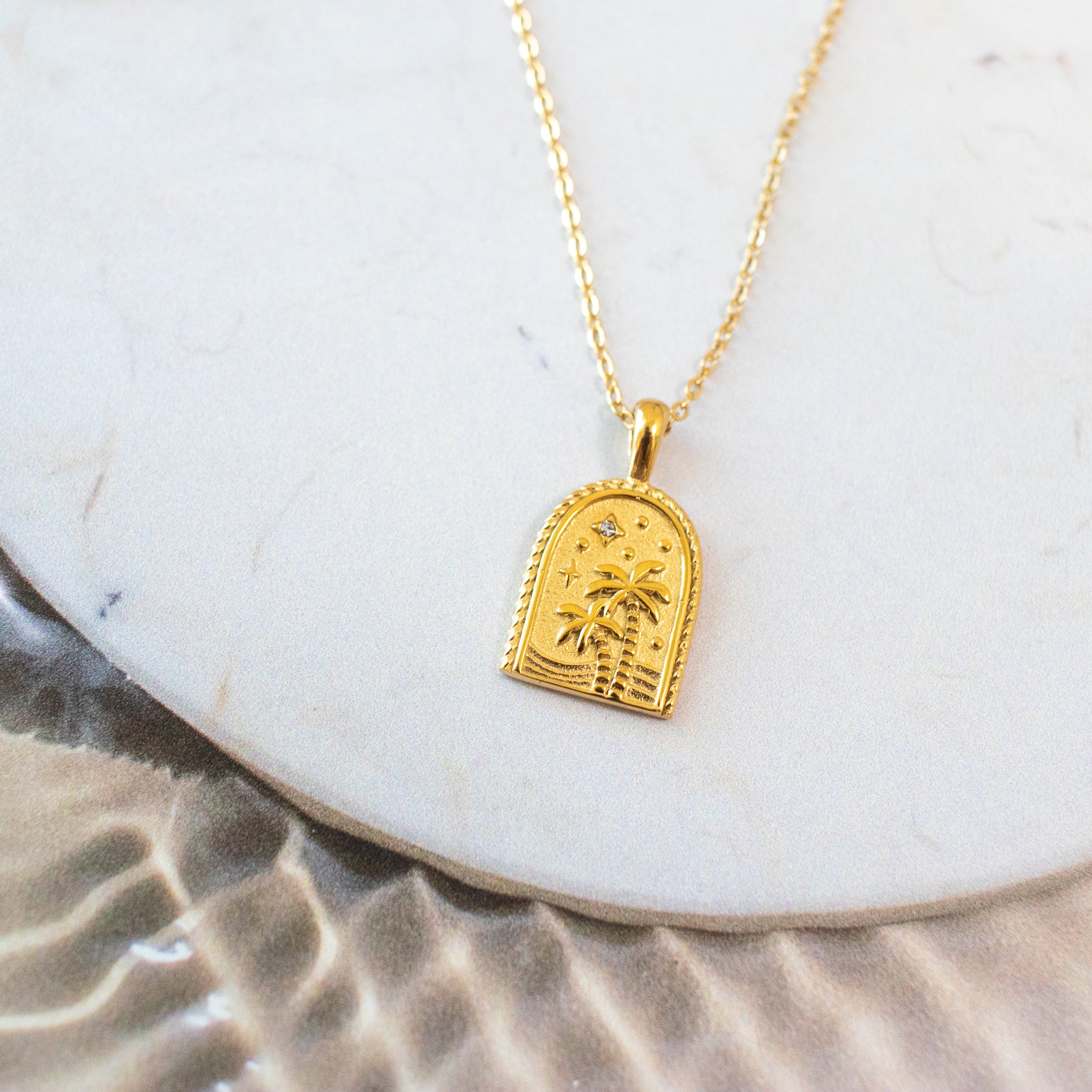 Nightfall Pendant — 18k Gold Waterproof Palm Tree Coastal Necklace ...