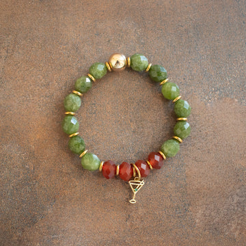 Dirty Martini Bracelet by MEKZ Studio, olive green faceted jade beads with a gold martini glass charm